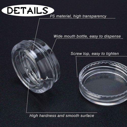 100 Count 3 Gram Sample Containers, Clear Lip Balm Containers with Lids, Small Plastic Sample Jars with 8 Mini Spoons, 100pcs Labels (Clear Lid)