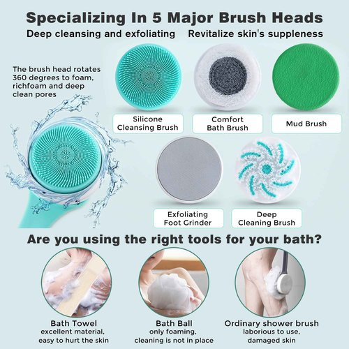 AZKSUN Electric Shower Brush, Body Scrubber, Facial Brush, Exfoliate, with 5 Shower Heads(White)