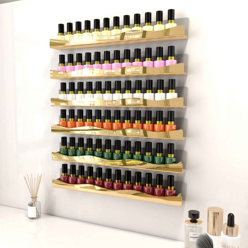 YMVV Mirror Gold Acrylic Nail Polish Rack, 15 Inch Wall Mounted Shelf Nail Polish Shelf, Sunglasses Essential Oil Storage Display Rack 6 Pack