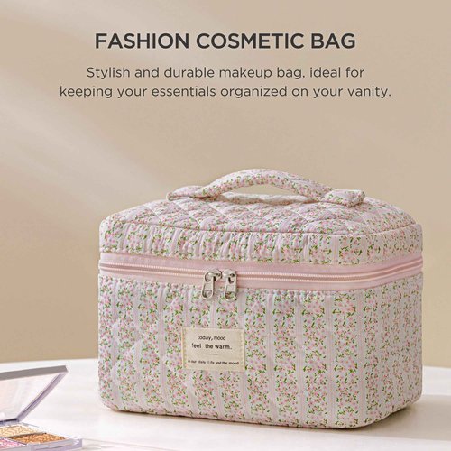 HBselect Christmas Gifts Large Quilted Makeup Bag, Cute Cotton Travel Makeup Bag with Handle, Portable Coquette Floral Make up Bags, Toiletry Organizer Make up Bags for Women Teen Girls Mom