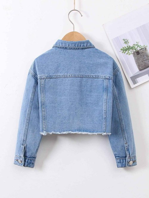 Verdusa Girl's Raw Hem Crop Denim Jacket Long Sleeve Shacket Single Breasted Spring Fall Outerwear Light Blue 12 Years