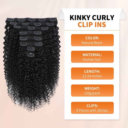 Kinky Curly Clip ins Human Hair 3C 4A Curly Clip in Hair Extensions for Black Women 8Pcs with 20Clips 120g/set 10A Brazilian 18 Inch Human Hair Natural Black