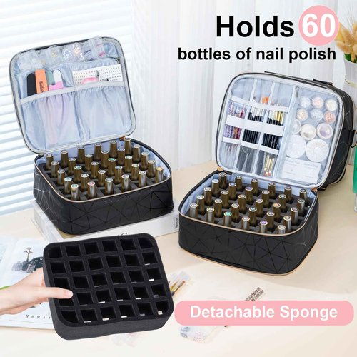 Uross Nail Polish Organizer Bag Holds 60 Bottles Nail Polish & Nail Lamp, Large Gel Polish Organizers and Storage box for Nail Tech, Nail Kit Supplies Organizer Case - Black