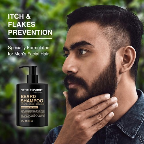 Beard Shampoo & Pouch Kit - Men’s Beard Wash - Hydrate, Cleanse, Soften & Strengthen - For Itchy & Flaky Facial Hair - With Witch Hazel - All Skin & Beard Types - Vegan - Amber Leather Scent - 8oz