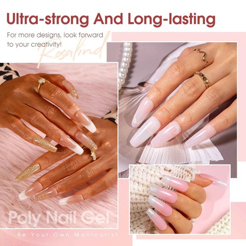 Poly Nail Gel Kit -20 Colors + 76 Nail Art Accessories ROSALIND Nude Clear Poly Nails Gel Kit Starter Kit with Slip Solution Nude Pink Nails Extensions with Mini UV Lamp
