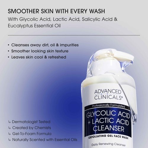 Advanced Clinicals Exfoliating Glycolic Acid & Salicylic Acid Face Wash + Hydrating Vitamin C Facial Cleanser 2pc AM/PM Skin Care Set For Women & Men To Gently Exfoliate & Cleanse Dirt & Oil, 2PC