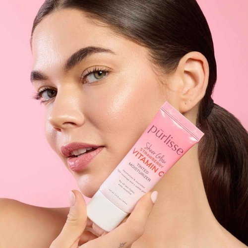 pürlisse Sheer Glow Strawberry Vitamin C Tinted Moisturizer - Skin Tint Moisturizer Enriched with Antioxidants to Even Complexion - Dewy Light Coverage for All Skin Types - Tan (1.4 oz)
