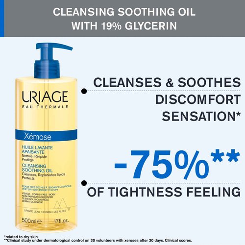 Uriage Xémose Cleansing Soothing Oil | Mild Foaming Nourishing Gel-in-oil, Face & Body, Fragrance & Soap-Free, 500 mL / 17 oz
