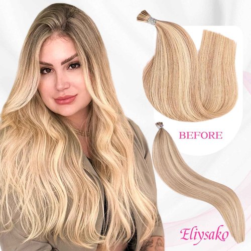 Eliysako I Tip Hair Extensions Human Hair Blonde Itip hair Dark Blonde Mix Bleach Blonde 20inch 50g/pack Itip Human Hair Extensions Real Soft Nature Cold Fusion For Women