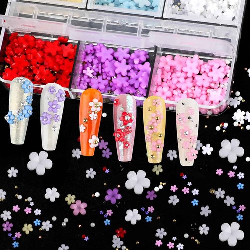 FOIMAS 3D Flower Nail Charms,3 Boxes Flower Acrylic Nail Art Rhinestones with Gold Silver Pearl Beads Tweezer for DIY Nail Art Decoration Supply