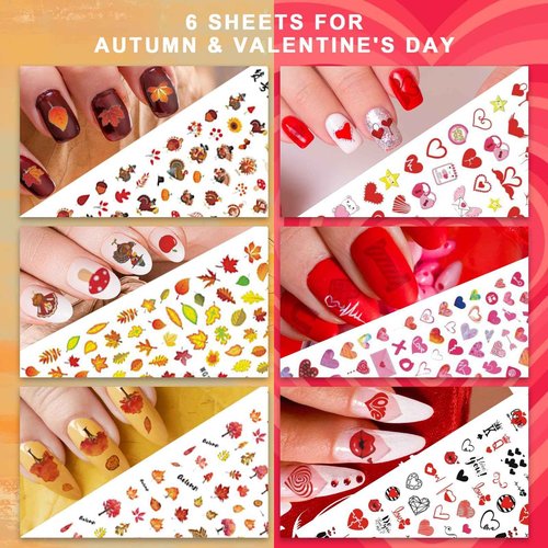 Whaline 18 Sheets Fall Nail Art Stickers All Holiday Nail Decals All Season Halloween Christmas Winter Valentine 4th of July Self-Adhesive Nail Decals for Xmas DIY Manicure Party Decor