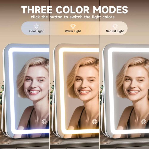 MINISO Vanity Mirror with Lights, 13.8" x 10.6" LED Makeup Mirror, Light & Brightness Adjustment, Smart Sensor, Aluminum Alloy Metal White Frame, with 5X Magnifying Glass