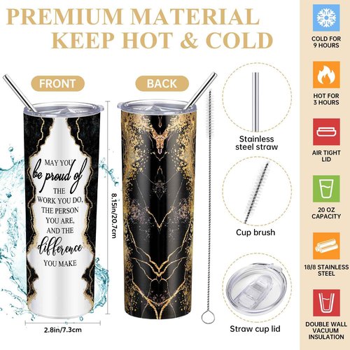 Domensi 6 Pcs Employee Appreciation Gift Set for Women Female Christmas Thank You Gift May You Be Proud 20 oz Rustic Marble Sign Tumbler Makeup Bag Journal for Teacher Nurse Lady Work Business(Black)
