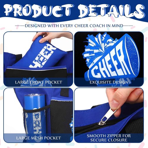 Patelai 4 Pcs Cheerleader Gifts Set Cheer Tote Bag 20 oz Tumbler Makeup Bag Keychain Stuff Accessories for Cheerleader(Blue,Cheer)