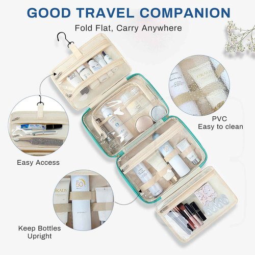 ASKSKY Large Travel Toiletry Bag for Women, Waterproof Hanging Toiletry Bags with Jewelry Organizer, Cosmetic Makeup Bag Organizer, Full-size Container, Travel Essentials Accessories, Shampoo, Green