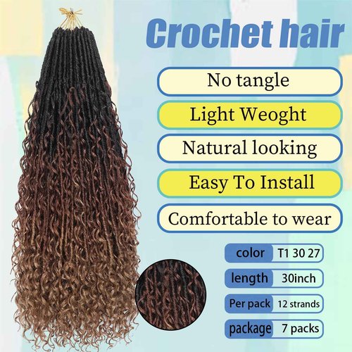 T1 30 27 Goddess Locs Crochet Hair Brown Blonde Ombre Pre Looped Braiding Hair 84 Strands Bohemian Faux Loc Boho Braids 30 Inch River Locs Dreadlocs Hair for Black Women
