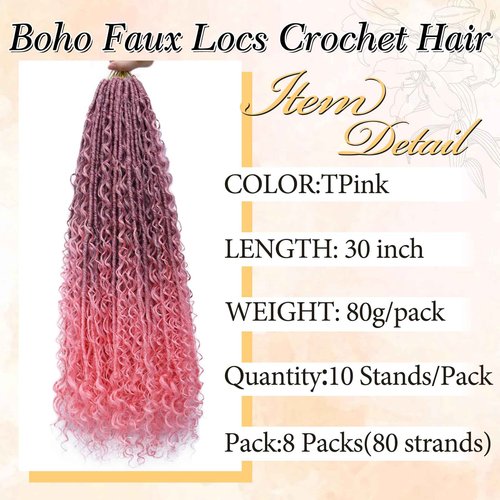 Boho Soft Locs Crochet Hair for Black Women-30inch Goddess Faux Locs Crochet Hair Ombre Pink 8 Packs Synthetic Pre-Looped with Curly Ends(8Pack,30inch,TPink)