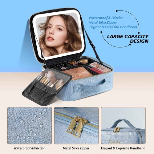 PRALENA Portable Travel Makeup Bag with Mirror and Light - 3 Colors,Adjustable Brightness Spacious Cosmetic Organizer,Mermaid Shine Blue