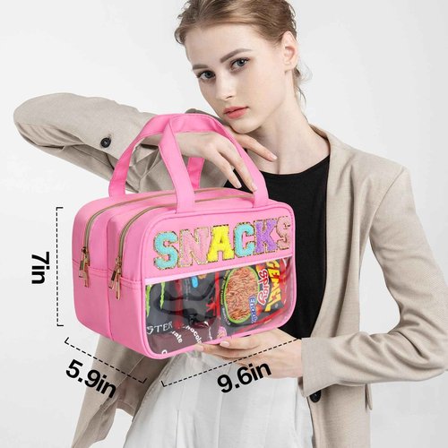 Sweet Lion Chenille Letter Clear Large Makeup Bag, Preppy Cosmetic Bag with Zipper, Stuff Bag Waterproof Travel Toiletry Bag Cosmetic Pouch for Women Girls (Pink-SNACKS)