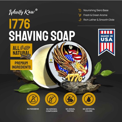 1776 Shaving Soap. Donkey Milk, Water Buffalo Milk, Whey Proteins, Tallow, Hops Extract. Osmanthus, Benzoin, Labdanum, Grapefruit, Artemisia, Tarragon, Patchouli, Musk, Tonka Bean, Cedarwood
