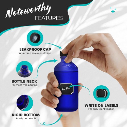 Nevlers 8 oz Glass Bottles with Lids 18 Pack | Cobalt Blue Reusable Glass Bottles with Caps, Funnel, Cleaning Brush, Marker & Labels | For Use as Mini Perfume Bottle, Small Tincture Bottle, & More