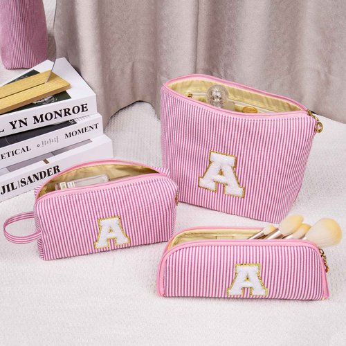 Junesters Initials Makeup Bag Set, Personalized Pink Cosmetic Bag, Cute Large Make up Bags, Travel Toiletry Bag for Women Girl Gifts M (Pink)