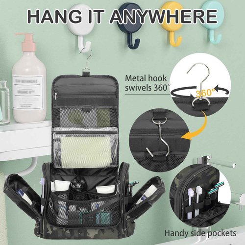 BISKLNDN Toiletry Bag for Men - Tactical Hanging Toiletry Travel Bag Shower Bathroom Organizer for Cosmetics/Shaving/Traveling Toiletries Kit, Portable Case with Handle & Swivel Hook, Black CM