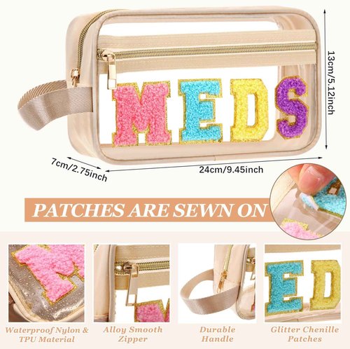 Pinkunn Chenille Letter Bag Clear Makeup Pouch Cute Preppy Letter Patch Cosmetic Bag with Zipper Nylon Waterproof Portable Travel Purse Toiletry Organizer for Appreciation Gift (Beige,Meds)
