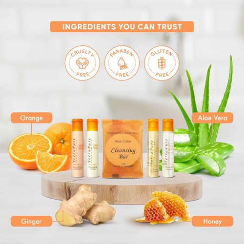 Terra Pure Wild Citrus Toiletries Set | 1-Shoppe Amenities Kit | 1oz Shampoo, Conditioner, Body Wash, Lotion, 1oz Bar Soap | 75 Pieces
