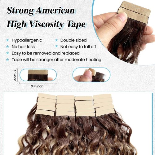 Water Wave Tape in Hair Extensions Human Hair, Ombre Chocolate Brown to Strawberry Honey Blonde Highlights Invisible Loose Curly Tape ins for Black Women Skin Weft Glue in Real Remy Extension 14 Inch