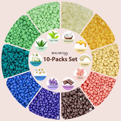 Bouvetan Hard Wax Beads 2.2 lbs, 10 Pack Variety Wax Beans for Hair Removal, Sensitive Skin, Ideal for Face, Eyebrows, Bikini, Underarms, Legs, Brazilian Waxing and Full Body
