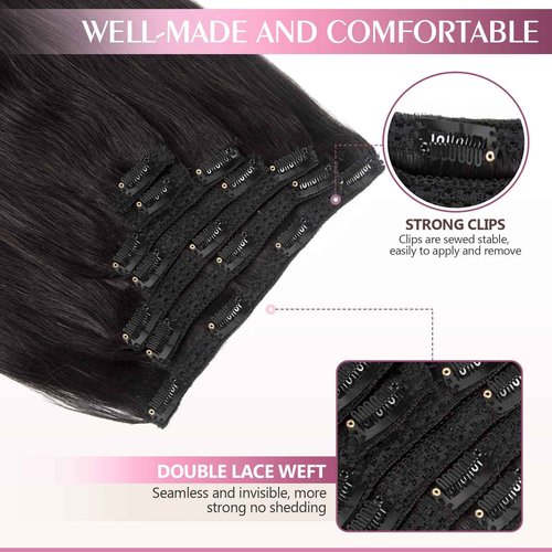 Fimislosion Real Hair Extensions Clip in Human Hair, Seamless Clip in Hair Extensions Real Human Hair, 14 Inch Clip ins extensions for women, Natural Black 120G 7Pcs