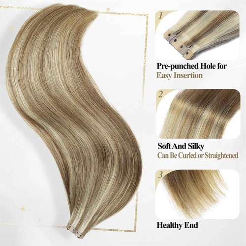 WIGER No Glue Highlighted Honey Blonde Micro Bead Hair Extensions Ombre Ash Blonde PU Insert Skin Weft Remy Human Hair Extensions Seamless Balayage Invisible Hair Extensions (50g, 20 Pcs)