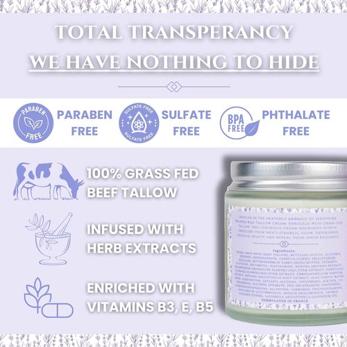Seraphime Whipped Beef Tallow for Skin Care, Organic Pure Grass Fed Beef Tallow Moisturizer Cream for Face & Body Lotion, Cow Tallow with Niacinamide, Shea Butter & Aloe, Vanilla Lavender 4oz