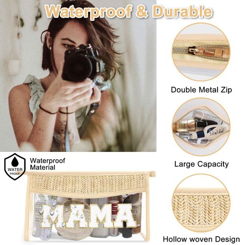 Iqimott Clear Patch Makeup Letter Bag, Boho Letter Bag for Beach Swim, Waterproof Zipper Make up Bags Toiletry Pouch for Women Girls, Clear Letters Patch Cosmetic Bags for Travel(Mama, Beige)