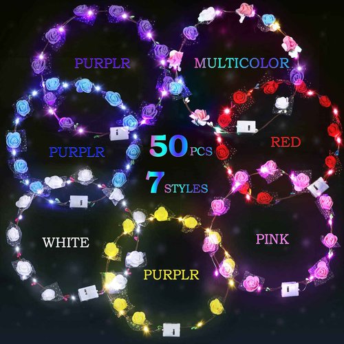 Chumia 50 Pcs LED Flower Crowns Headbands Light up Flower Hair Wreath Garlands Glowing Floral Headpiece for Halloween Girls Women Cosplay Holiday Wedding Party