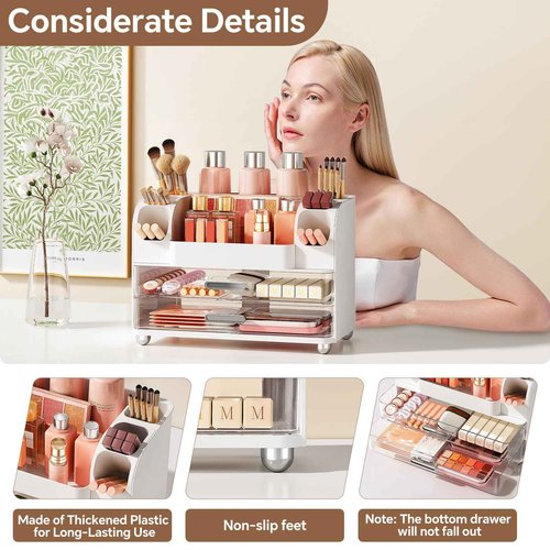 Makeup Organizer, Large Vanity Organizer with Brush Holder and 2 Drawers, Clear Cosmetic Storage Box for Bathroom Countertop, Toiletry and Skincare Storage for Lipsticks, Lotion, and perfume, White