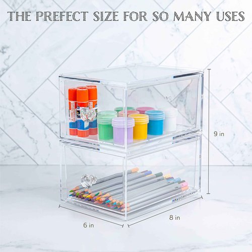 Oizeir Clear Drawer Organizers - Acrylic, Durable, Stackable, Pull-Out Drawer. Great for Medicine, Cosmetics, Makeup and Bathroom Organization. (4.5" High | 2-PACK)