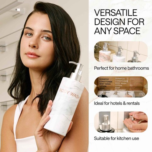 Refillable Shampoo, Conditioner and Body Wash Pump Dispenser Bottles 3pcs 17oz - Empty Pump Dispensers - 3 Chamber No Drill - Soap Bottles, Adhesive Strips, Funnel - Wall Mounted