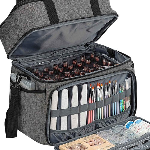 HOMEST Double Layer Nail Polish Organizer Holds 80 Bottles (15ml/0.5 fl. oz) and a Lamp, Case with 2 Removable Pouches for Manicure Tools Storage, Grey(Bag Only)