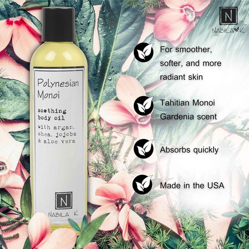 Nabila K Polynesian Monoi (Monoi de Tahiti Flower Scent) Body Oil, 9 oz Moisturize & Nourish with Argan & Coconut Oil - Vitamin C Enriched - Naturally Derived, Vegan-Friendly