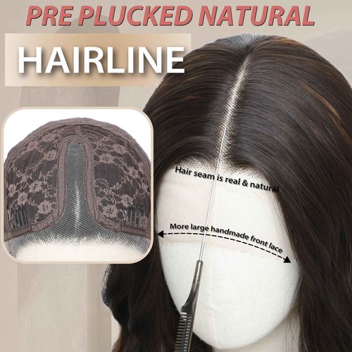 BUPPLER Wig 18 Inch Medium Length Wigs for Women Middle Part Synthetic Hair Wavy Wig with Upgraded Elastic Straps,Natural Hair Wigs for Daily Party/Halloween Use 18Inch,Brown Highlight Lace Hairline