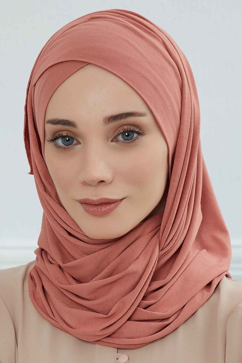 Aisha's Design Instant Turban Hijab Scarves for Women, 95% Cotton Pre-tied Jersey Head Wrap Bonnet & Shawl, Salmon