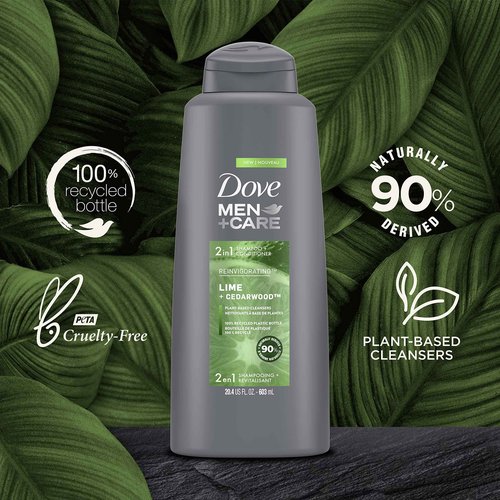 DOVE MEN + CARE 2 in 1 Shampoo and Conditioner For Healthy-Looking Hair Lime + Cedarwood Naturally Derived Plant Based Cleansers 20.4 oz 3 Count