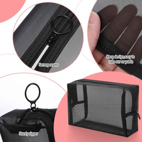 Wanmu 3Pcs Mesh Makeup Bags, Mesh Cosmetic Bag, Portable Toiletry Bag, Travel Organizing Zipper Pouch, Toiletries Makeup Pouches, Black Breathable Mesh for Home Office Travel Accessories