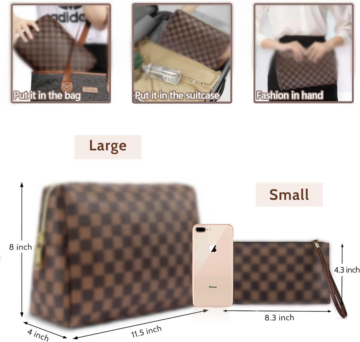 Travel Makeup Bag Waterproof Leather Checkered Cosmetic Organizer