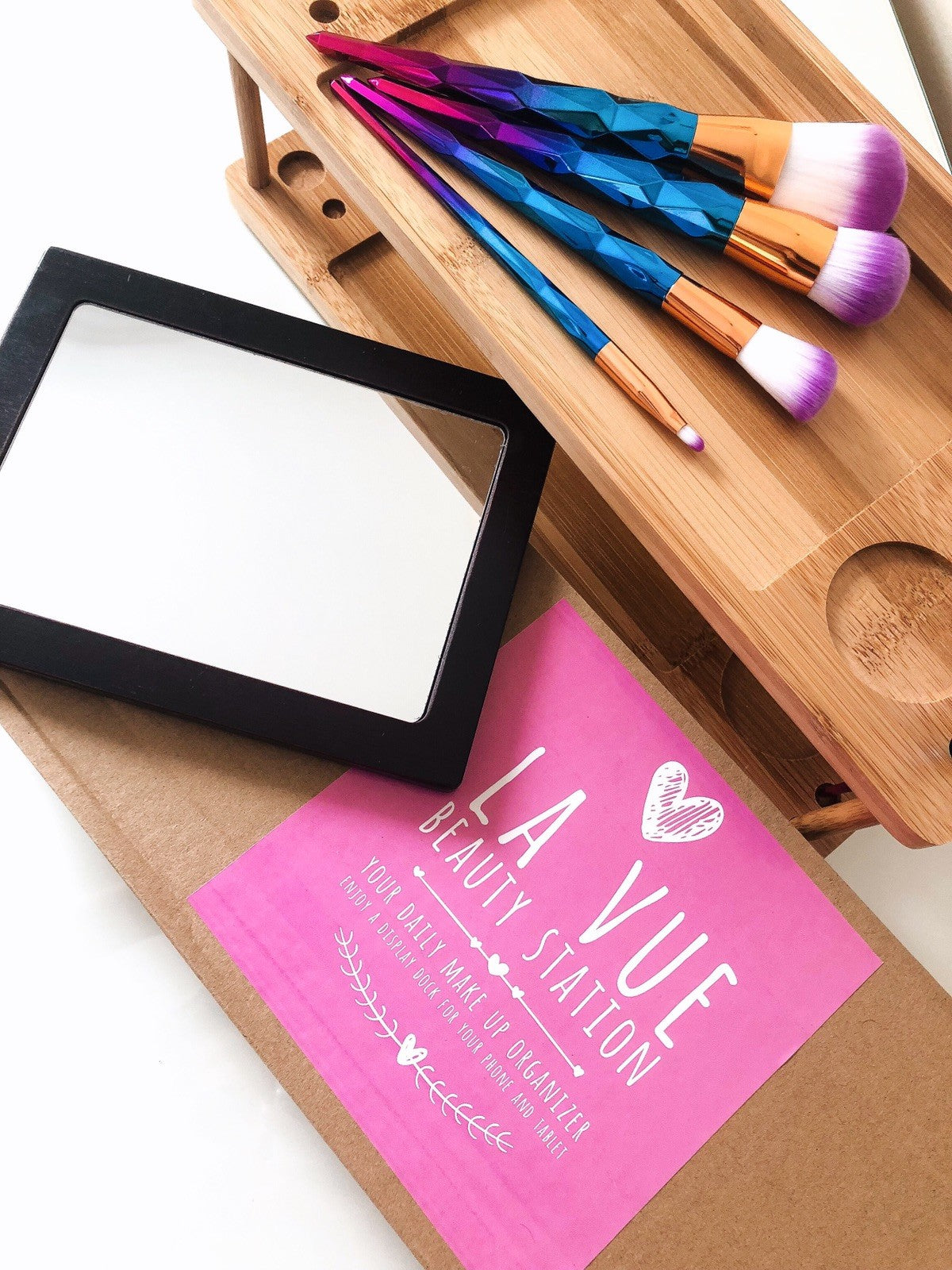 Makeup Vanity Tray with Mirror and Wooden Organizer - Eco-Friendly Bamboo
