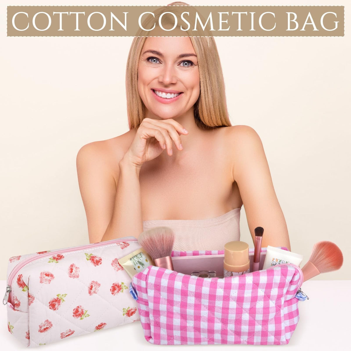Quilted Cotton Makeup Bags Set - 10 Pcs Floral Cosmetic Pouches for Women & Bridesmaids