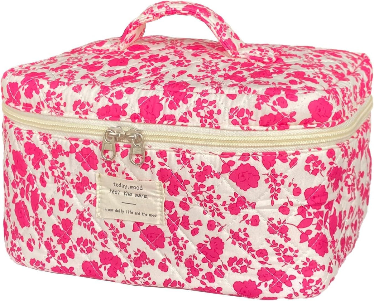 Large Quilted Floral Makeup Bag - Cotton Travel Toiletry Organizer for Women