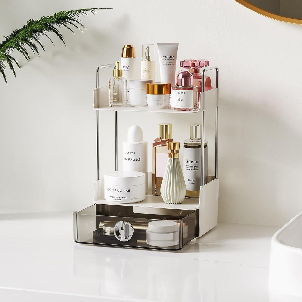 Small Makeup Vanity Organizer with Drawer, 2-Tier Bathroom Countertop Storage